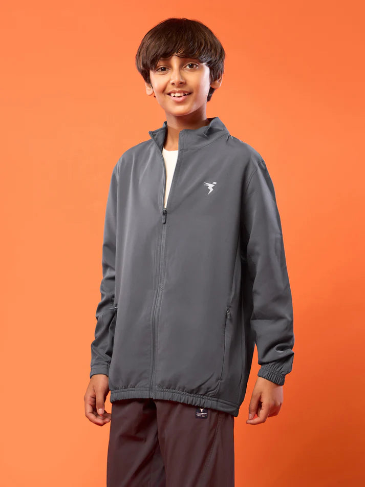 Boys Solid Slim Fit Mock Neck Sports Jacket with TECHNOLITE